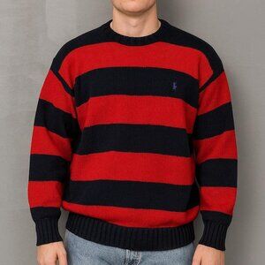 Vintage Polo Ralph Lauren Red and White‎ Striped Chunky Knit 90s Sweater Large